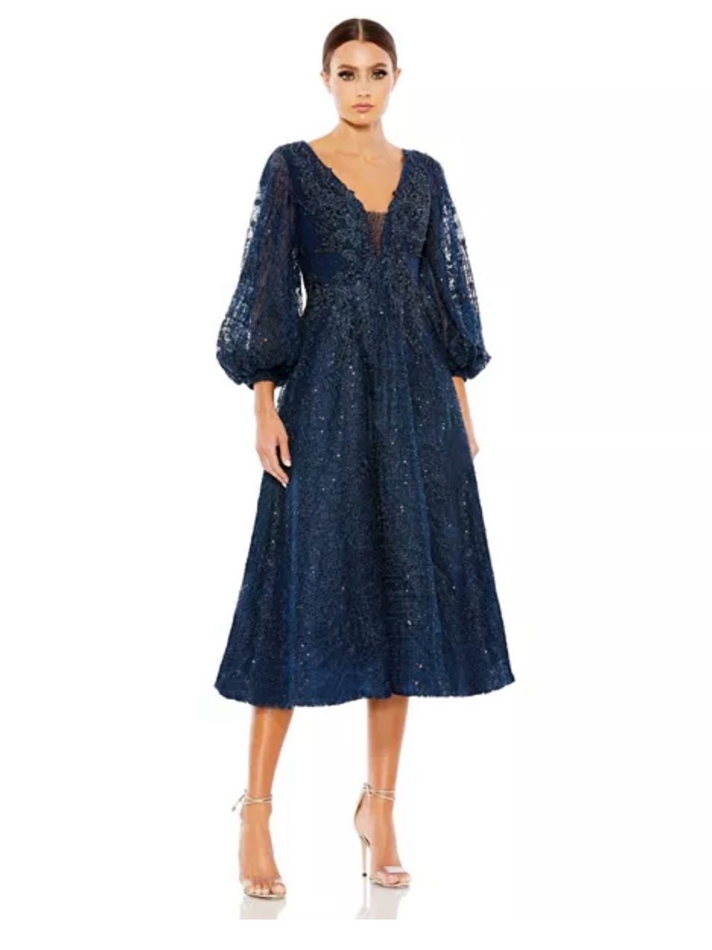 Mac Duggal Elegant Navy Lace Midi Dress with Balloon Sleeves